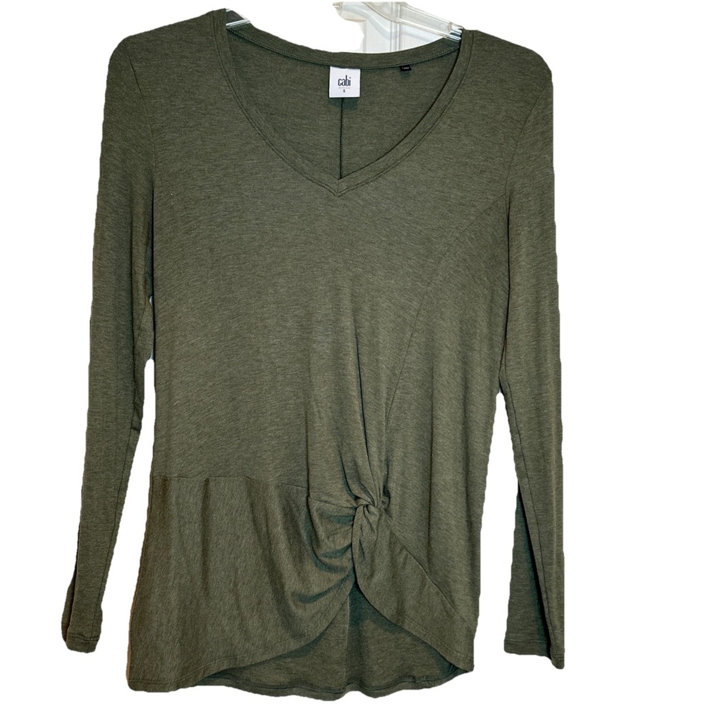 Cabi Long Sleeve Gathered Front V-neck Top Size Small Olive Soft Stretch